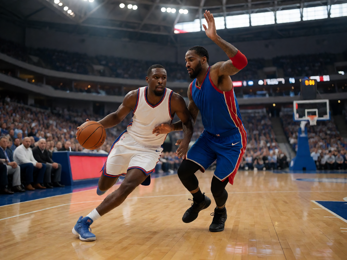 NBA常规赛比赛现场，球员在球场上激烈对抗
